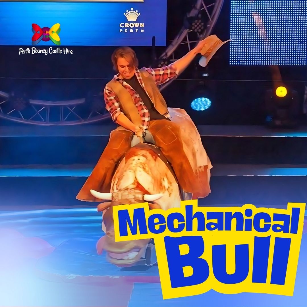 A man riding a mechanical bucking bull on a stage at a Crown Perth event, with the logo for Perth Bouncy Castle Hire visible.