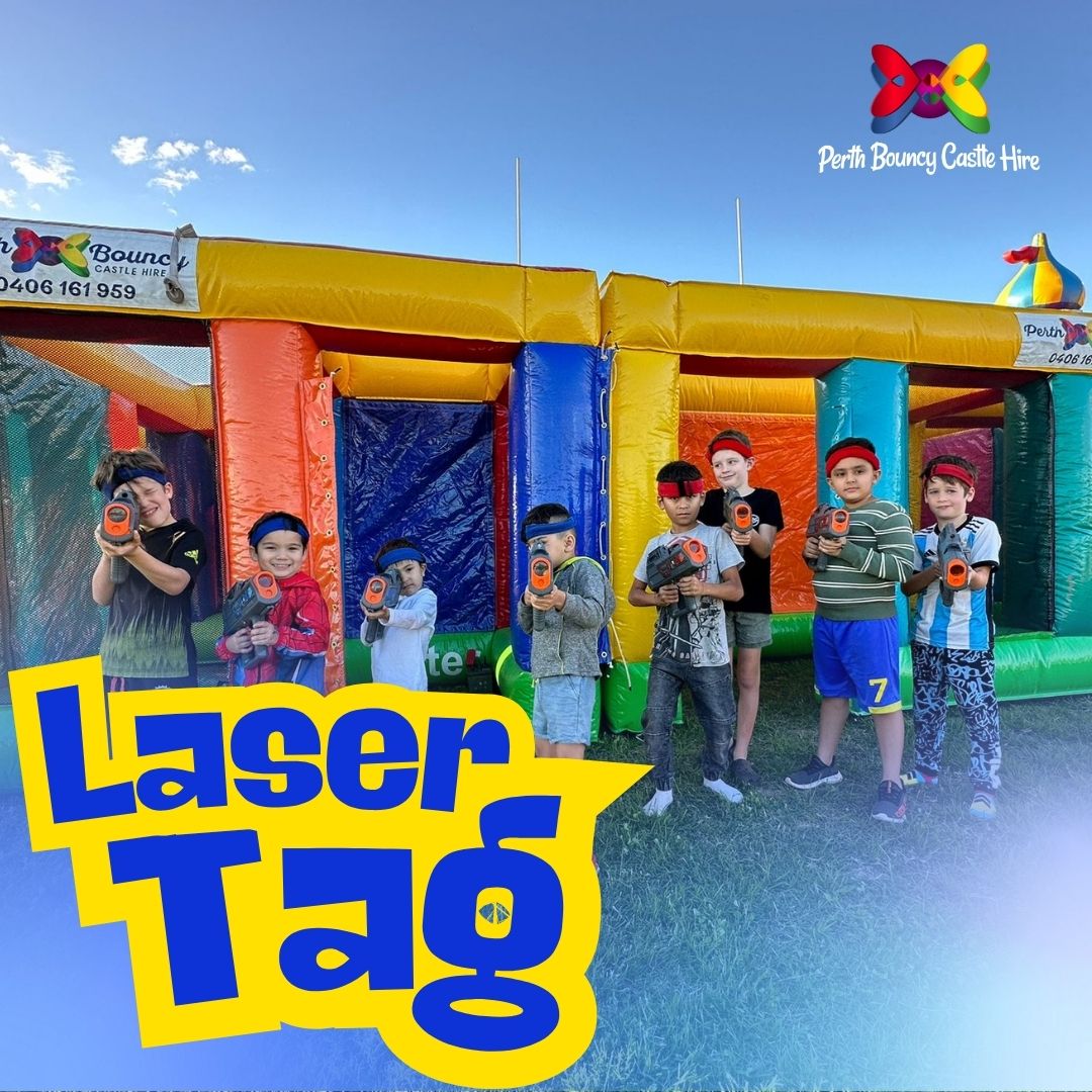 A group of children posing with laser tag guns in front of a colorful inflatable laser tag arena, with the Perth Bouncy Castle Hire logo.