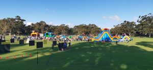 A collection of inflatable attractions including a "4tiger bounce," "big blue" water slide, "hungry hippo" game, "lost in space" maze, and a "ninja warrior" obstacle course.