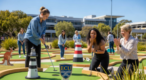 Happy people playing mini golf at an ECU event in Joondalup, Australia.