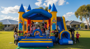 Ultra-realistic 4K image of a large bouncy castle with happy kids and people playing inside at an event in Success, Western Australia.